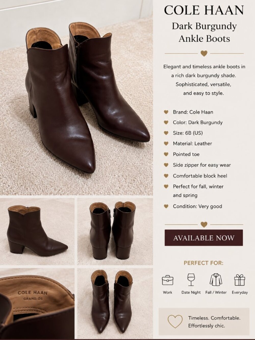Cole Haan Dark Burgundy Leather Ankle Boots